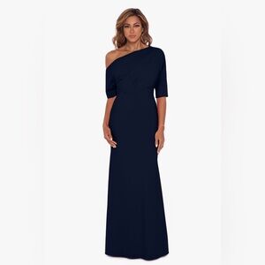 NEW! Betsy & Adam Women's MADELINE LONG SCUBA CREPE OFF SHOULDER DROP DRESS Navy